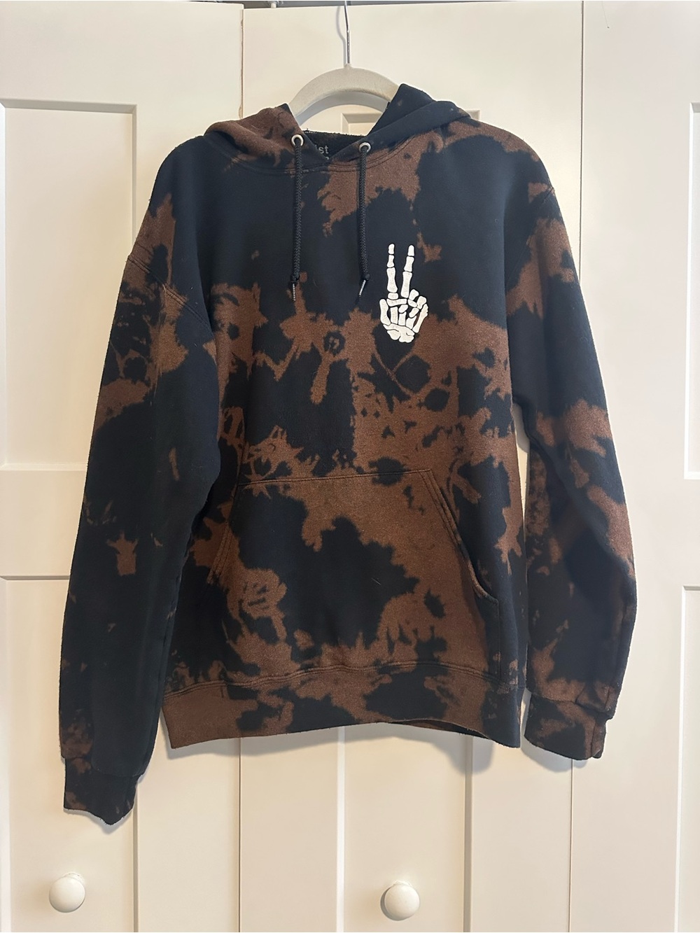 Artist Union Bleach Dye Hoodie with Skeletal Peace Hand Graphic